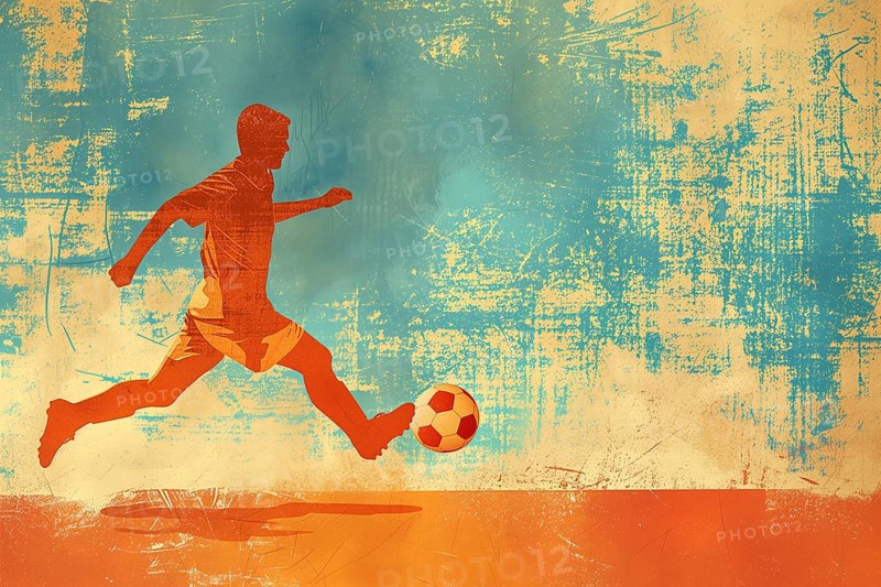 A soccer player dribbles and kicks a soccer ball. Abstract vintage grungy poster style with muted colors, AI generated
