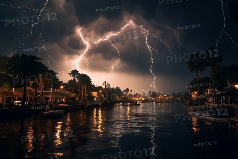 A stormy night with a bright lightning bolt in the sky. The scene is set on a river with boats floating on it. Scene is intense and dramatic, with the lightning bolt creating a sense of danger, AI generated