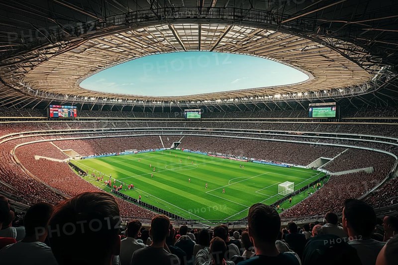 A soccer field with a large crowd of people spectators fans watching the game view. The stadium is lit up with bright flood spotlights ready for a match game, AI generated