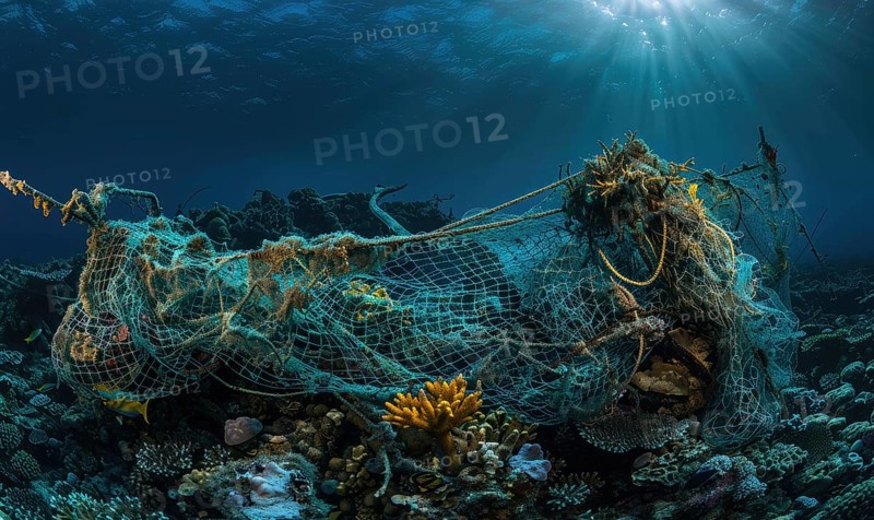Abandoned fishing nets entangled on a coral reef, underwater background AI generated