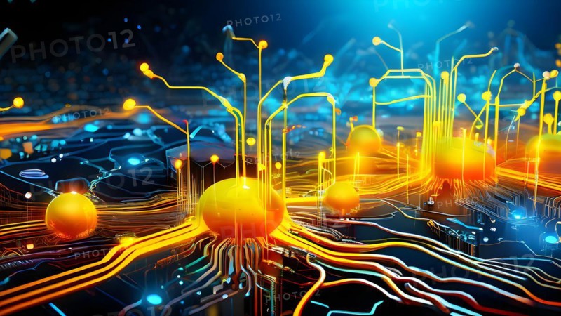 Ai generated conceptual illustration of a neuronal network with interconnected nodes pulsating in yellow tones, AI generated