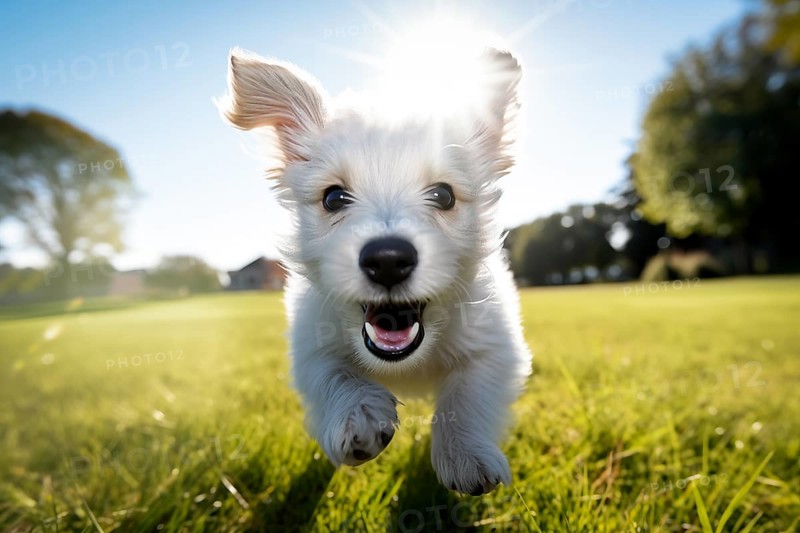 Playful white puppy with fluffy fur is captured mid-run, running playing enjoying a sunny day outdoors, AI generated