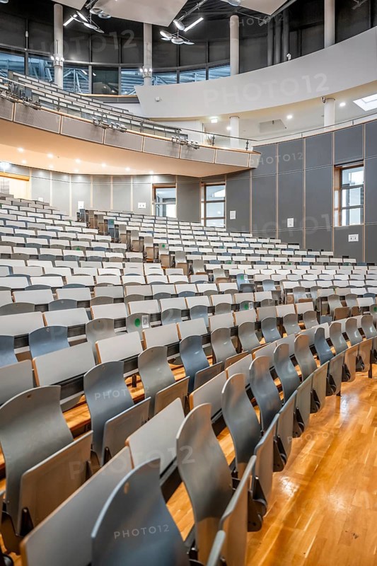 Rows of seats in an empty lecture theatre, interior photo, Department of Mechanical Engineering, Technical University of Munich, TUM, Garching, Bavaria, Germany, Europe