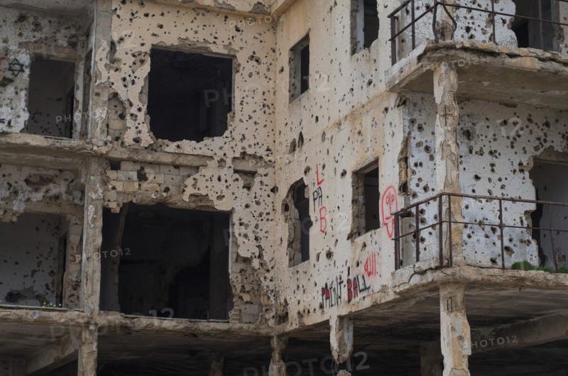 Beqaa, Lebanon, April 04, 2017: Marks of War, Lebanese house machine-gunned, bombed, destroyed by civil war, Lebanon mountains, Asia