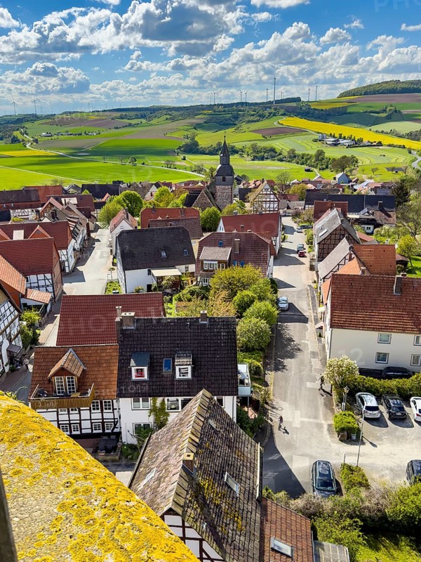 View from castle tower Tower of 13th century castle, today Burghotel Trendelburg, Trendelburg, Weserbergland, Hesse, Germany, Europe