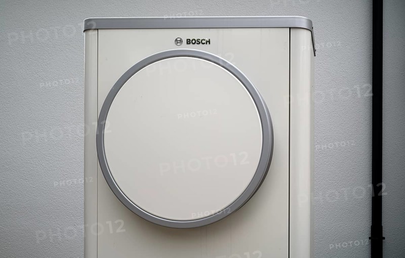 Bosch Compress 7400i AW air-to-water heat pump, logo, outdoor unit, building services, Stuttgart, Baden-Wuerttemberg, Germany, Europe