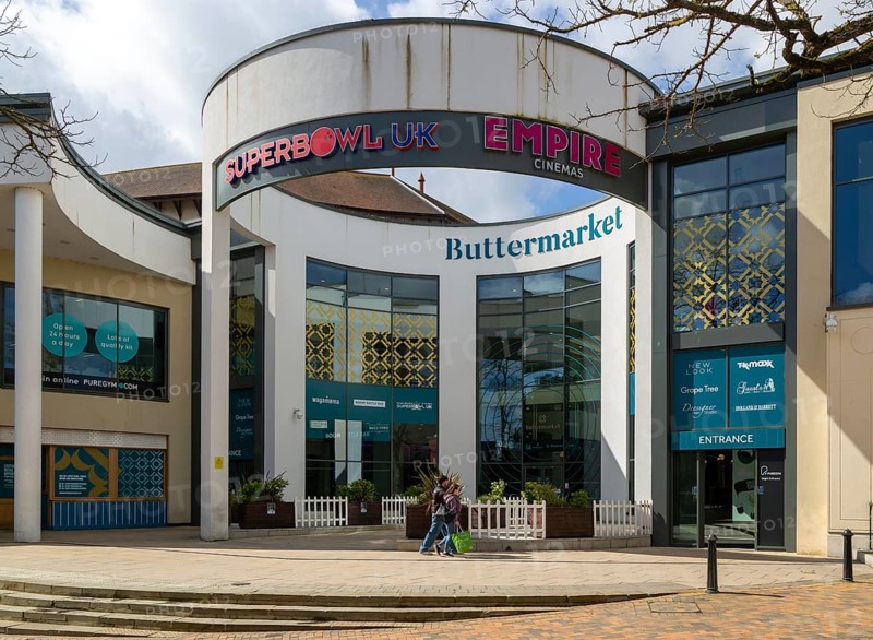 Entrance to Buttermarket shopping centre with Super Bowl and Empire Cinemas, Ipswich, Suffolk, England, UK