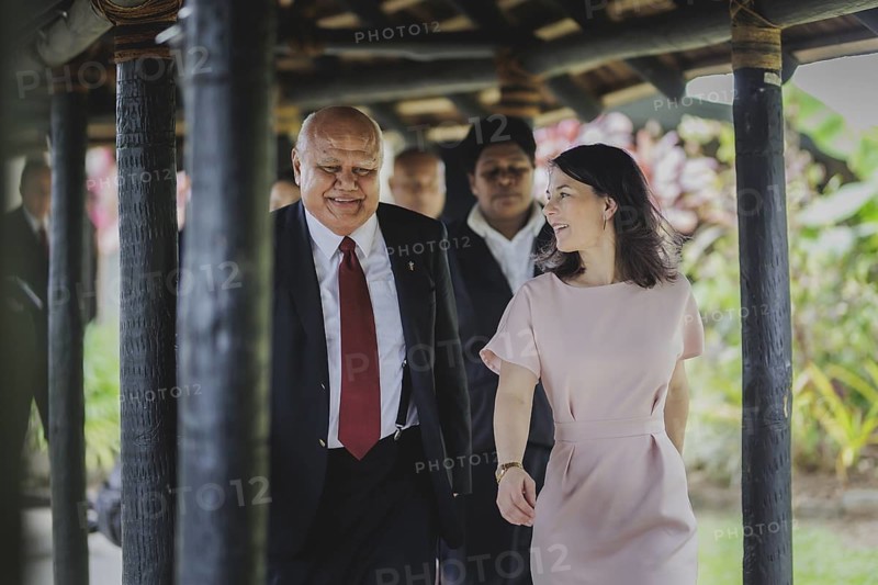 (R-L) Annalena Baerbock (Alliance 90/The Greens), Federal Foreign Minister, meets Viliame Gavoka, Deputy Prime Minister of Fiji, in Nadi, 5 May 2024. Baerbock is travelling to Australia, New Zealand and Fiji for political talks / Photographed on behalf of the Federal Foreign Office