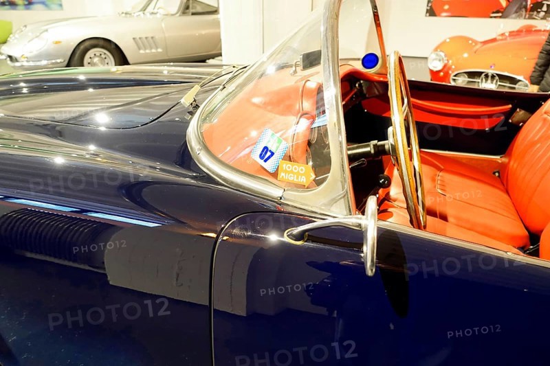 LANCIA AURELIA B24 SPIDER, Interior view of a classic car with red leather and view of the cockpit with steering wheel, AUTOMUSEUM PROTOTYP, Hamburg, Hanseatic City of Hamburg, Germany Europe