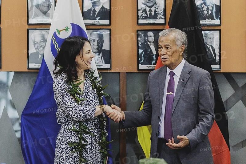 (L-R) Annalena Baerbock (Buendnis 90/Die Gruenen), Federal Foreign Minister, and Henry Puna, Secretary General of the regional organisation Pacific Islands Forum, photographed during a joint meeting in Suva, 06.05.2024. Baerbock is travelling to Australia, New Zealand and Fiji for political talks / Photographed on behalf of the Federal Foreign Office