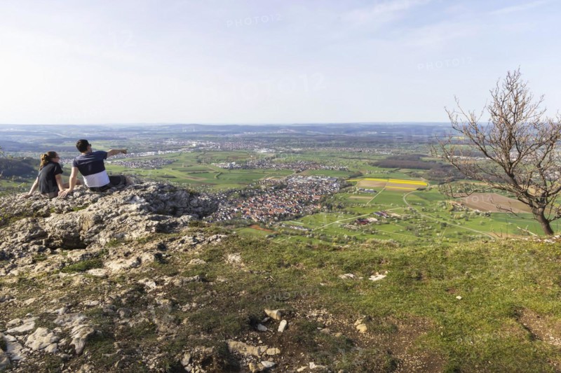 Breitenstein near Ochsenwang in spring, rocky outcrop of the Swabian Alb, 811 metre high rocky plateau, view of the foothills of the Alb, Bissingen an der Teck, Baden-Wuerttemberg, Germany, Europe
