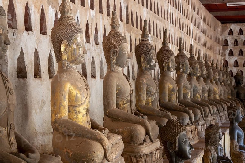 Ancient Buddha statues in the courtyard of Wat Si Saket, Vientiane, Vientiane province, Laos, Asia