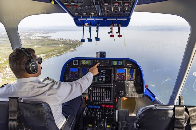 Zeppelin flight over Lake Constance and the Lake Constance region, view into the cockpit of the pilots, Friedrichshafen, Baden-Wuerttemberg, Germany, Europe