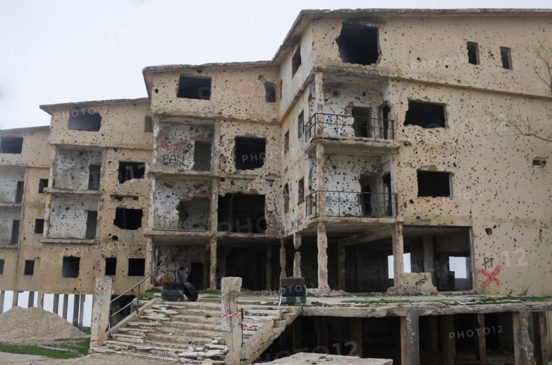 Beqaa, Lebanon, April 04, 2017: Marks of War, Lebanese house machine-gunned, bombed, destroyed by civil war, Lebanon mountains, Asia