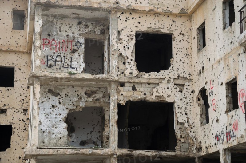 Beqaa, Lebanon, April 04, 2017: Marks of War, Lebanese house machine-gunned, bombed, destroyed by civil war, Lebanon mountains, Asia