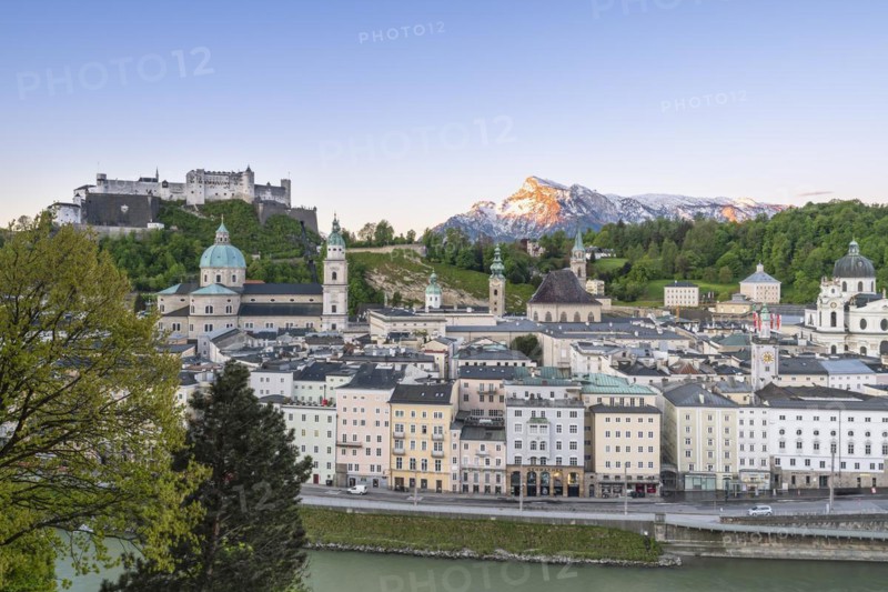 View of the fortress Hohen Salzburg with old town and Untersberg, blue sky, Salzburg, Austria, Europe