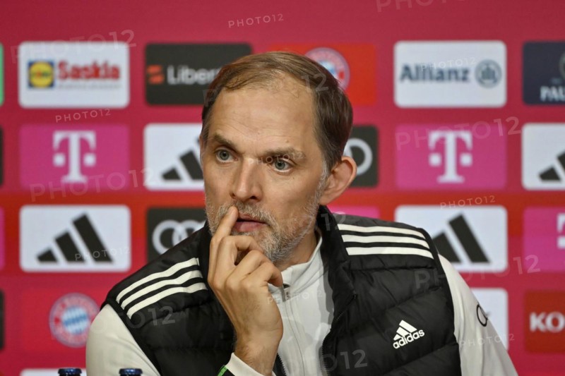 Coach Thomas Tuchel FC Bayern Munich FCB pensive, Press conference, PK, Allianz Arena, Munich, Bayern, Germany, Europe