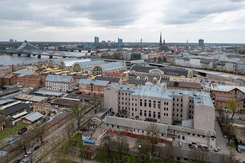 View from the Academy of Sciences to the Moscow suburb and the old town of Riga, on the left halls of the central market, on the right construction site for Rail Baltica, high-speed railway line, Riga, Latvia, Europe