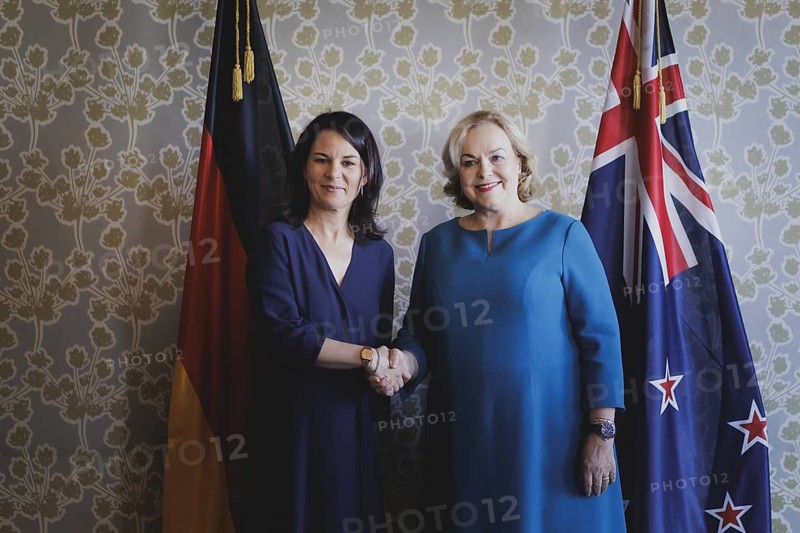 (L-R) Annalena Baerbock (Alliance 90/The Greens), Federal Foreign Minister, and Judith Collins, Minister for Defence, Digitalisation, Science, Innovation and Technology and Space in New Zealand, photographed during a joint meeting in Auckland, 04.05.2024. Baerbock travels to Australia, New Zealand and Fiji for political talks / Photographed on behalf of the Federal Foreign Office
