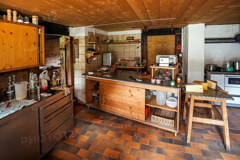 Interior, kitchen of the Naturalpe Gemstel-Schoenesboden-Alpe, Gemsteltal, Mittelberg, Kleinwalsertal, Vorarlberg, Allgaeu Alps, Austria, Europe