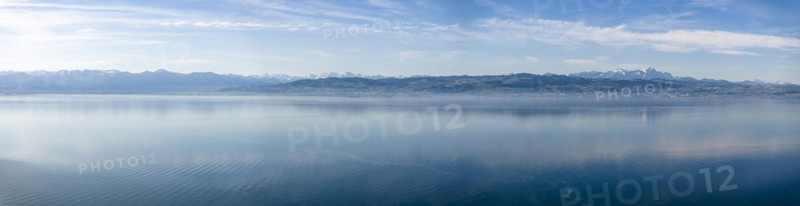 Lake Constance in the early morning, no boats on the lake yet, deserted. In the background the Swiss Alps with the mountain Saentis (2501 metres, right) . Aerial photo, panoramic view, Langenargen, Baden-Wuerttemberg, Germany, Europe