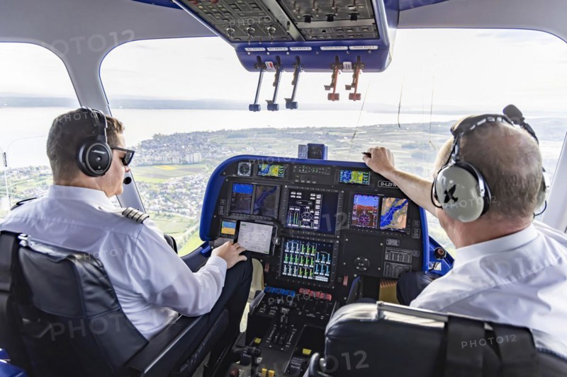 Zeppelin flight over Lake Constance and the Lake Constance region, view into the cockpit of the pilots, Friedrichshafen, Baden-Wuerttemberg, Germany, Europe