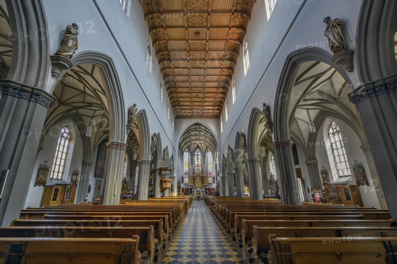 Nave with coffered ceiling, St Martin's Church, Kaufbeuern, Allgaeu, Swabia, Bavaria, Germany, Europe