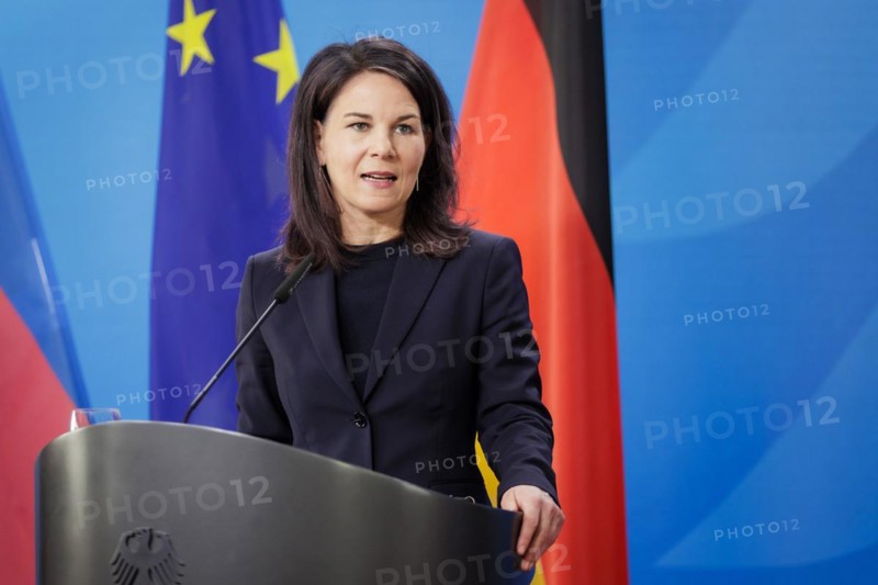 Annalena Baerbock (Alliance 90/The Greens), Federal Foreign Minister, and Mukhtar Babayev (not pictured), Minister of Ecology and Natural Resources of the Republic of Azerbaijan, at a joint press conference during the 15th Petersberg Climate Dialogue at the Federal Foreign Office in Berlin, 25.04.2024. Photographed on behalf of the Federal Foreign Office