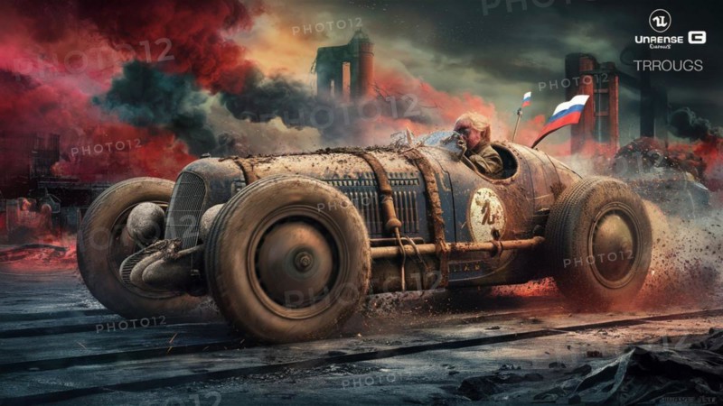 Dynamic image of a classic race car speeding along with vibrant, multicolored smoke in the background, AI generated