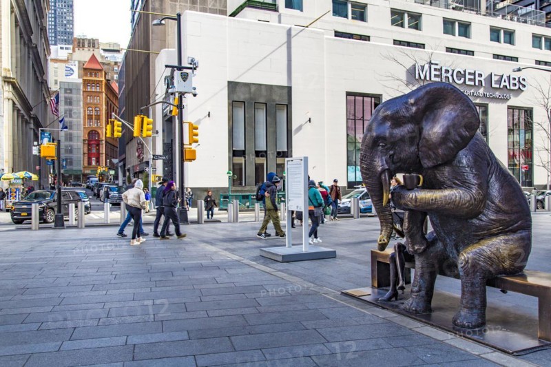 Outdoor art installation A Wild Life for Wildlife Elephant and Rabbitwoman by artist duo Gillie and Marc, 9-11 Memorial, Lower Manhattan, New York City