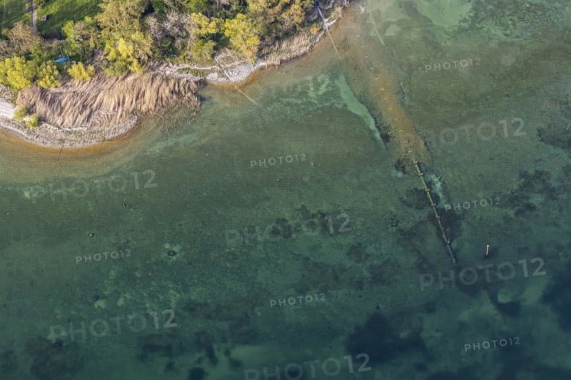 Flight in a zeppelin along the shore of Lake Constance, sewage pipe, aerial view, Immenstaad, Baden-Wuerttemberg, Germany, Europe
