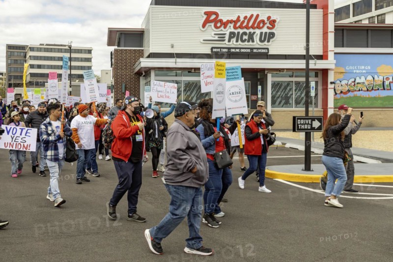Rosemont, Illinois, Hundreds of workers and supporters picketed a Portillo's restaurant, demanding that the company recognize their union. Their organizing campaign is backed by the Ironworkers union and by Arise Chicago, a faith-based organization that supports immigrants and low-wage workers