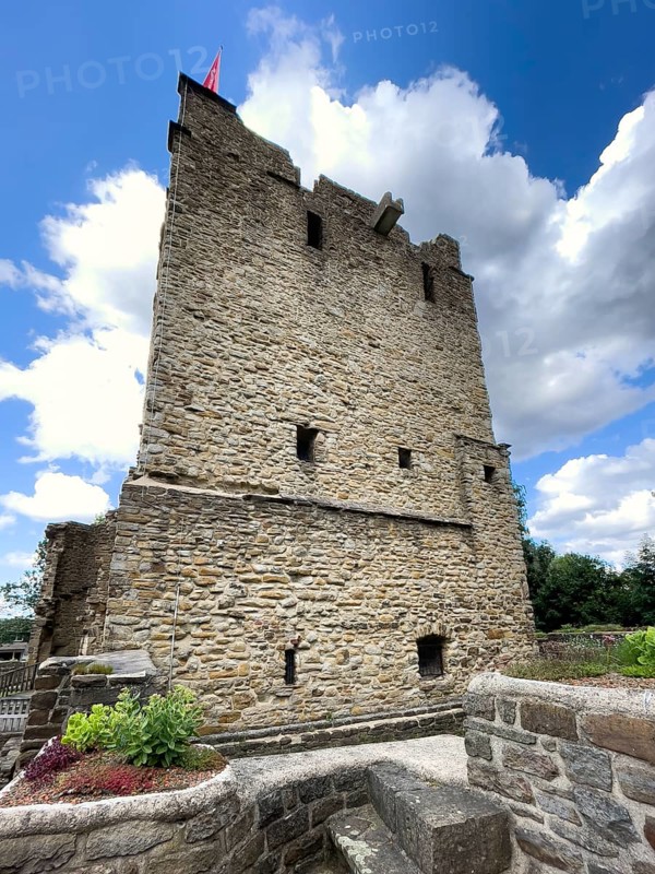Historic ruins of Romanesque residential tower of former moated castle from 12th century Altendorf Castle in the Burgaltendorf district of Essen, Essen, North Rhine-Westphalia, Germany, Europe