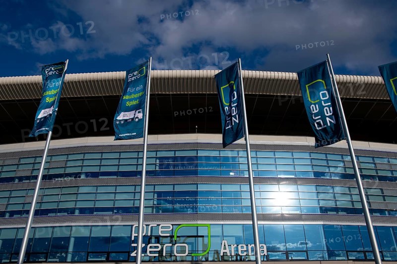 Exterior view, front, glass facade, logo, flags, PreZero Arena, Sinsheim, Baden-Wuerttemberg, Germany, Europe