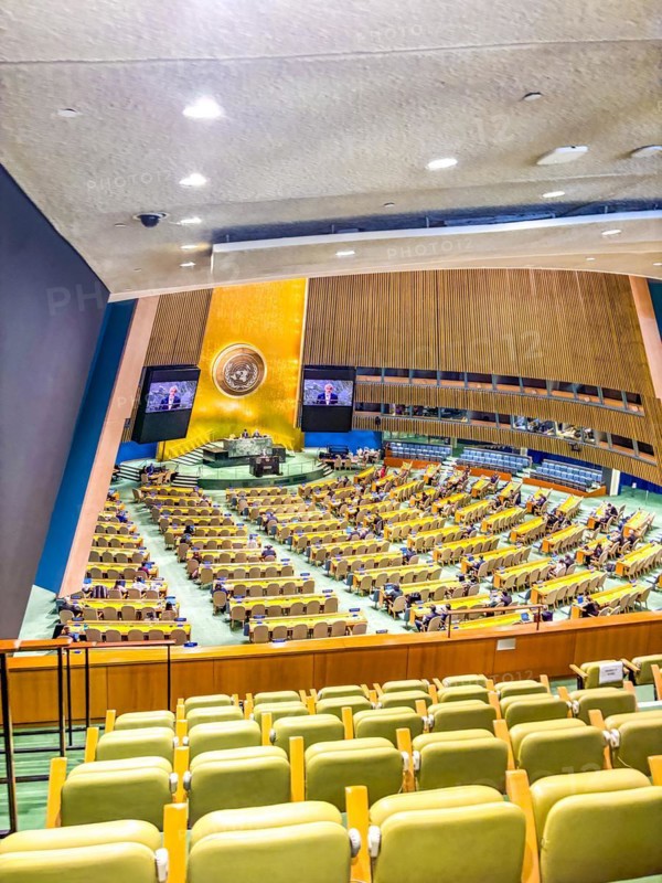View from the visitors' gallery of the United Nations General Assembly Hall at the UN headquarters in New York