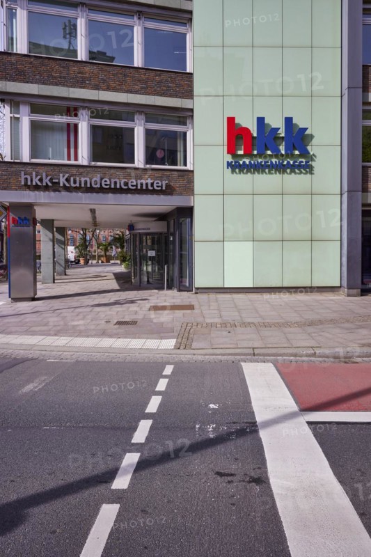 Customer centre at the head office and logo of Hanseatische Krankenkasse, hkk in Bremen, Hanseatic City, Federal State of Bremen, Germany, Europe