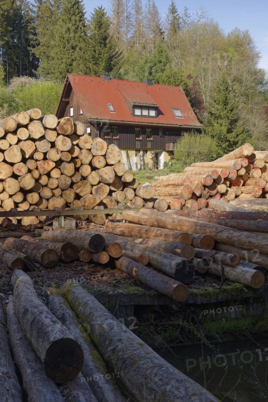 Sawmill in Rottal, Mainhardt Forest, Swabian-Franconian Forest Nature Park, Schwaebisch Hall, Hohenlohe, Heilbronn-Franconia, Baden-Wuerttemberg, Germany, Europe