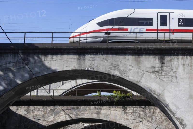 Railway bridges at Nordbahnhof with InterCityExpress ICE, infrastructure of Deutsche Bahn AG, concrete arch bridges, Stuttgart, Baden-Wuerttemberg, Germany, Europe