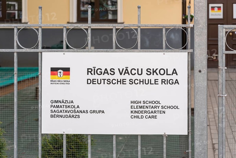 German School Riga, entrance sign with inscriptions for educational programmes, Riga, Latvia, Europe