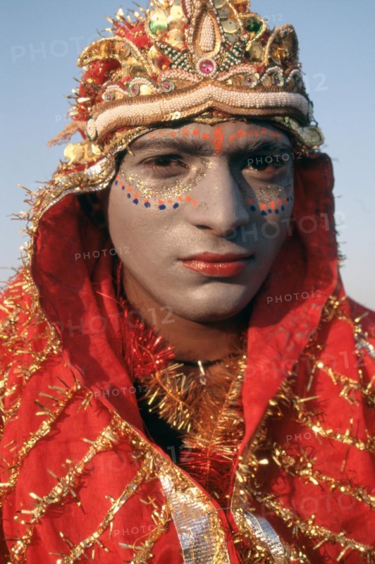 Portrait, bahrupiya, India, tradition, face painting, street performer, impersonating goddess Durga, Asia