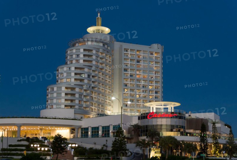 Punta del Este. Maldonado, Uruguay, december 31, 2023: Facade of the famous hotel and casino in Punta del Este called Enjoy, South America
