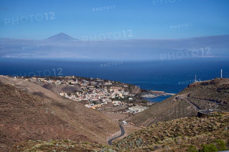 View of San Sebastian de la Gomera and Tenerife with the Teide from a viewpoint, La Gomera, Canary Islands, Spain, Europe