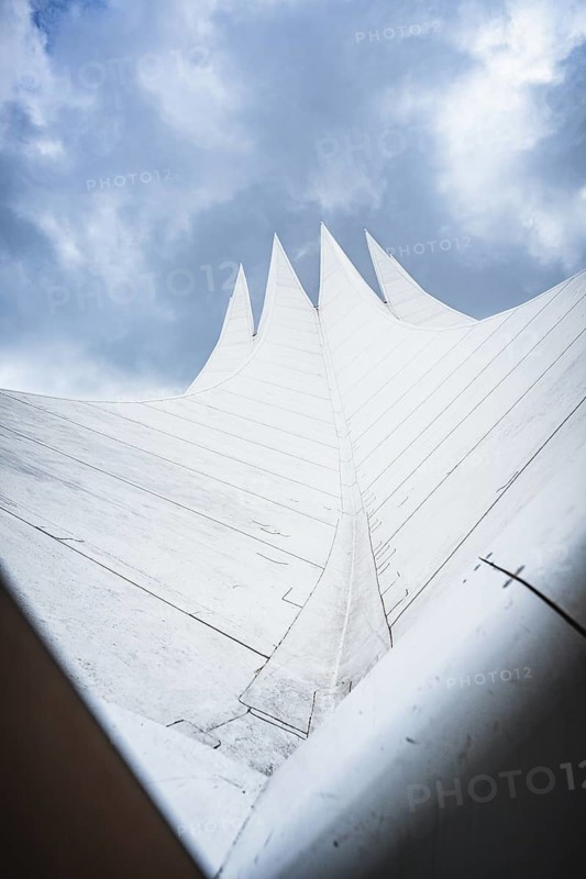 View of a futuristic-looking white tent roof against the sky, Tempodrom, Berlin, Germany, Europe