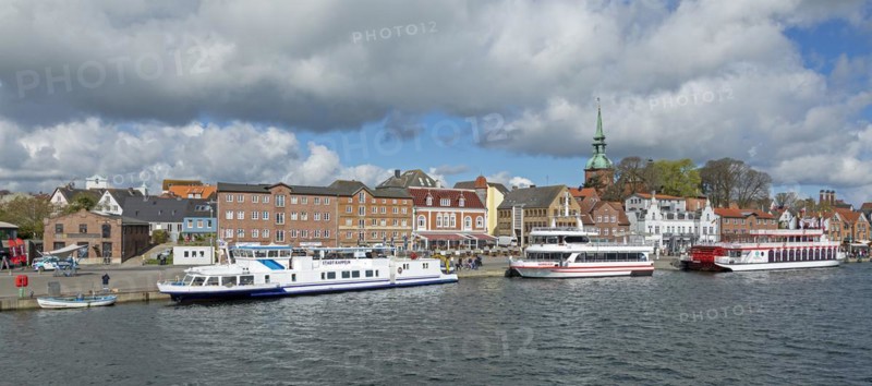 Church, building, excursion boats, clouds, harbour, Kappeln, Schlei, Schleswig-Holstein, Germany, Europe