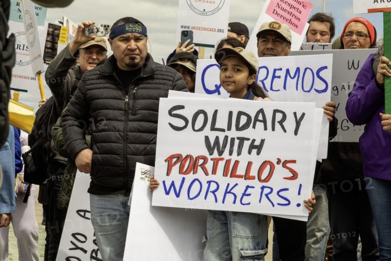 Rosemont, Illinois, Hundreds of workers and supporters picketed a Portillo's restaurant, demanding that the company recognize their union. Their organizing campaign is backed by the Ironworkers union and by Arise Chicago, a faith-based organization that supports immigrants and low-wage workers