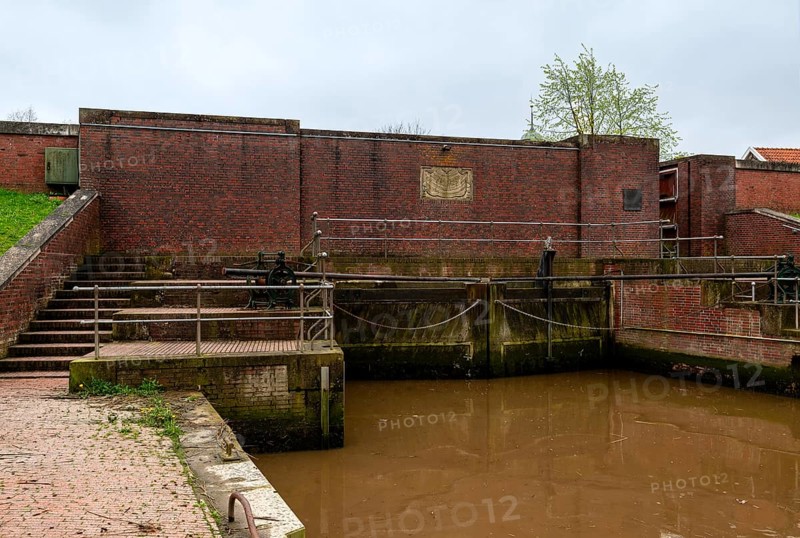The inner side of the Sieltor in the fishing village of Ditzum, municipality of Jemgum, district of Leer, Rheiderland, East Frisia, Lower Saxony, Germany, Europe