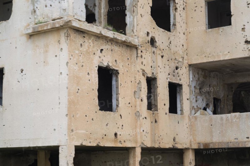 Beqaa, Lebanon, April 04, 2017: Marks of War, Lebanese house machine-gunned, bombed, destroyed by civil war, Lebanon mountains, Asia