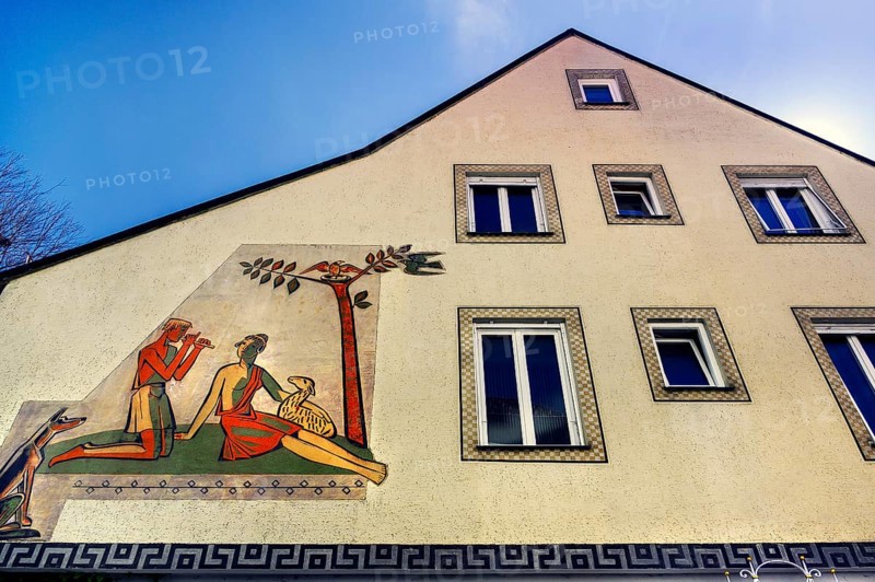 Facade with fresco, shepherd with flute and shepherdess with lamb, Kaufbeuern, Allgaeu, Swabia, Bavaria, Germany, Europe