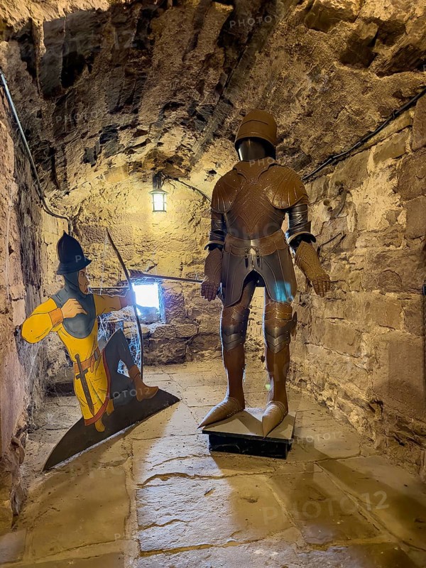 Medieval knight's armour on display inside the 13th century castle tower, Trendelburg, Weserbergland, Hesse, Germany, Europe