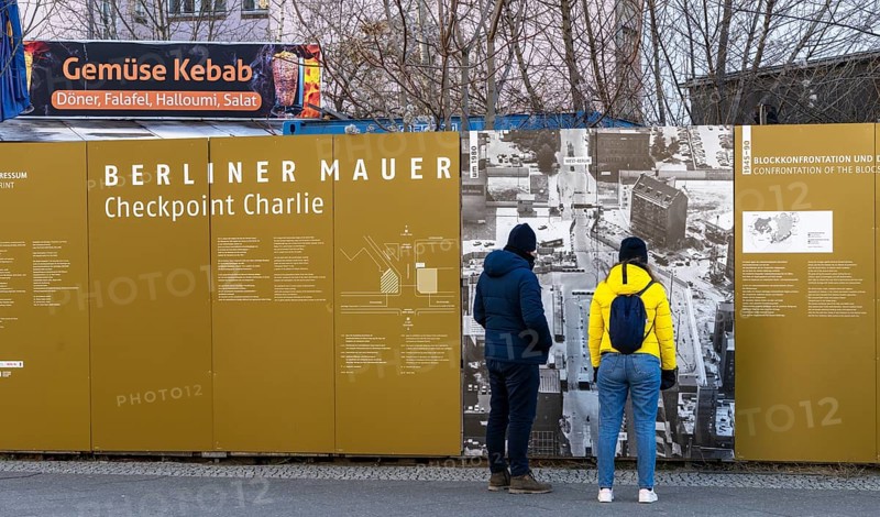 Information board and building of the Mauermuseum at Checkpoint Charlie, Berlin, Friedrichstrasse, Germany, Europe